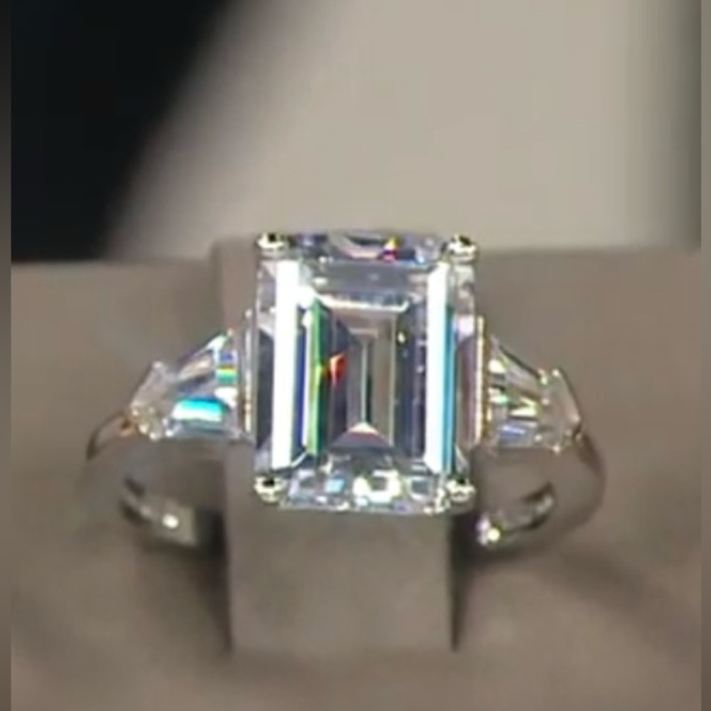 🆕 Diamonique 7 cttw Emerald Cut Three Stone Ring, Sterling